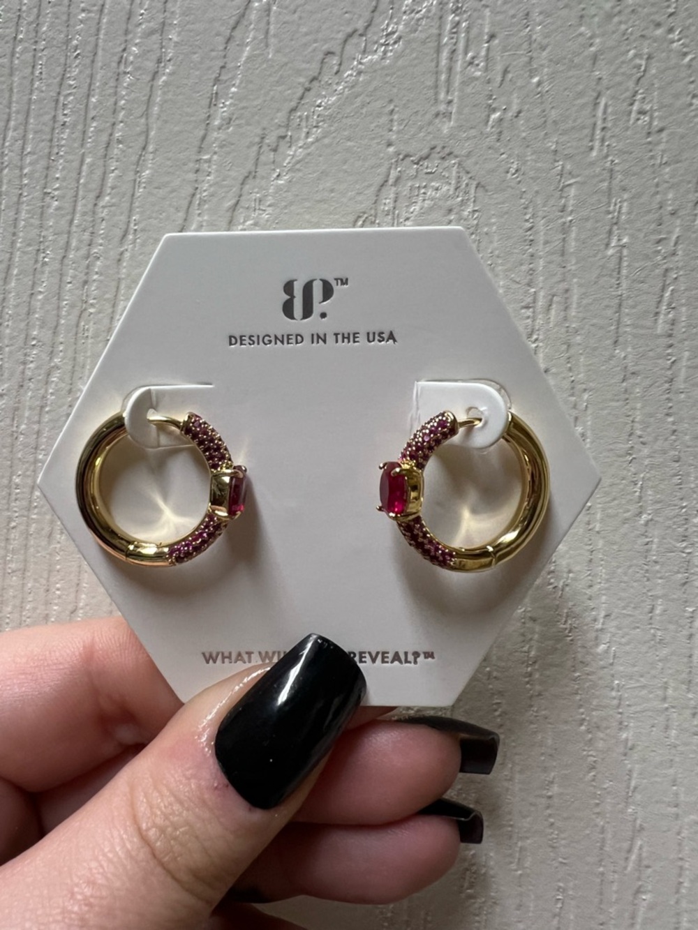 Gold Hoop Earrings with Reddish Pink Crystal Accents